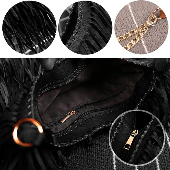 Women's Fringed Faux Suede Leather Cross Body Bag Chain Shoulder Bag Tassel Hand - Picture 5 of 6
